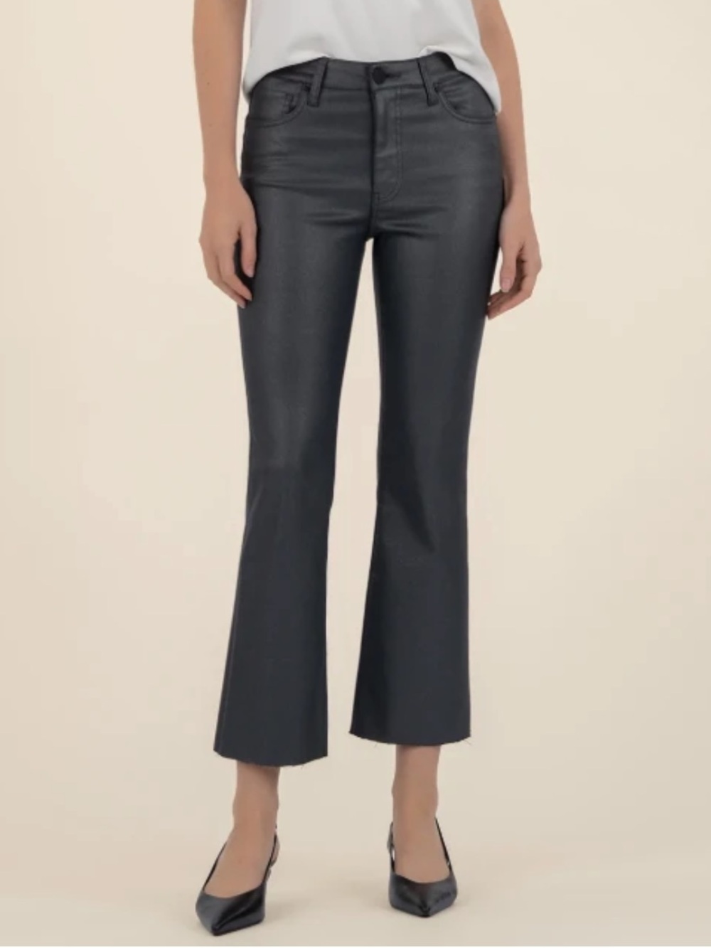 KUT Kelsey Silver Bell Coated High Rise Ankle Flare Raw Hem Metallic Jeans